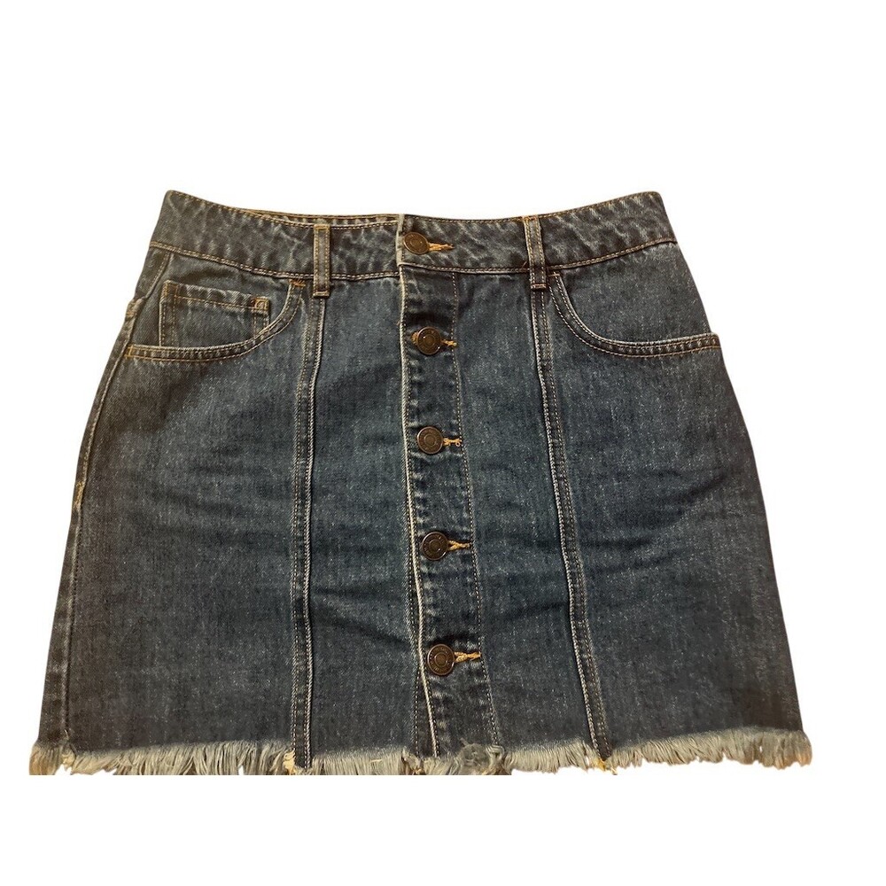 Forever 21 Skirt Womens Size S Blue Denim Mini Button Front Raw Hem